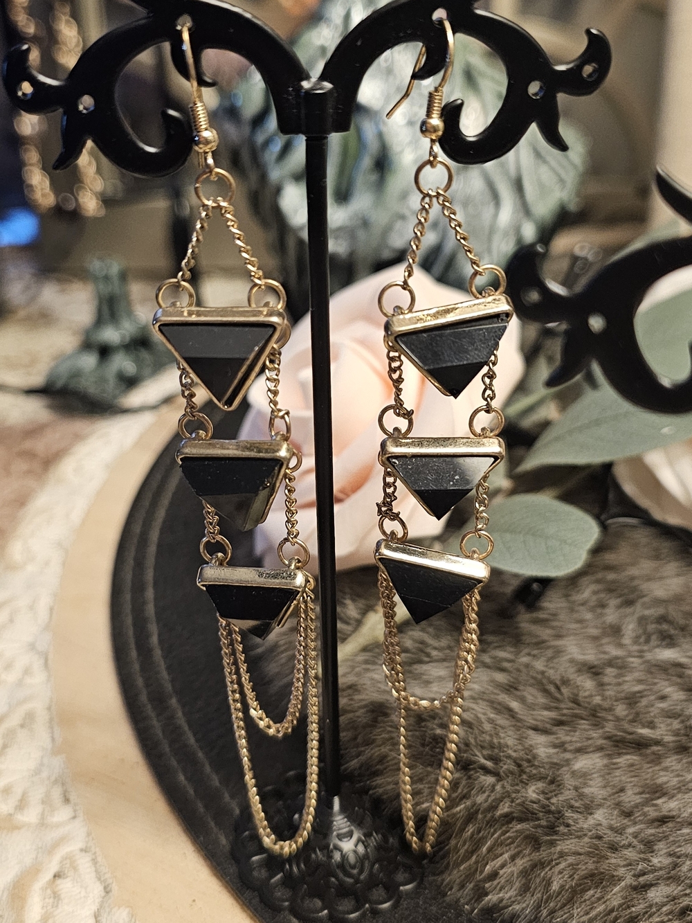 Gold Chain Drop Earrings with Black Triangle Inlays